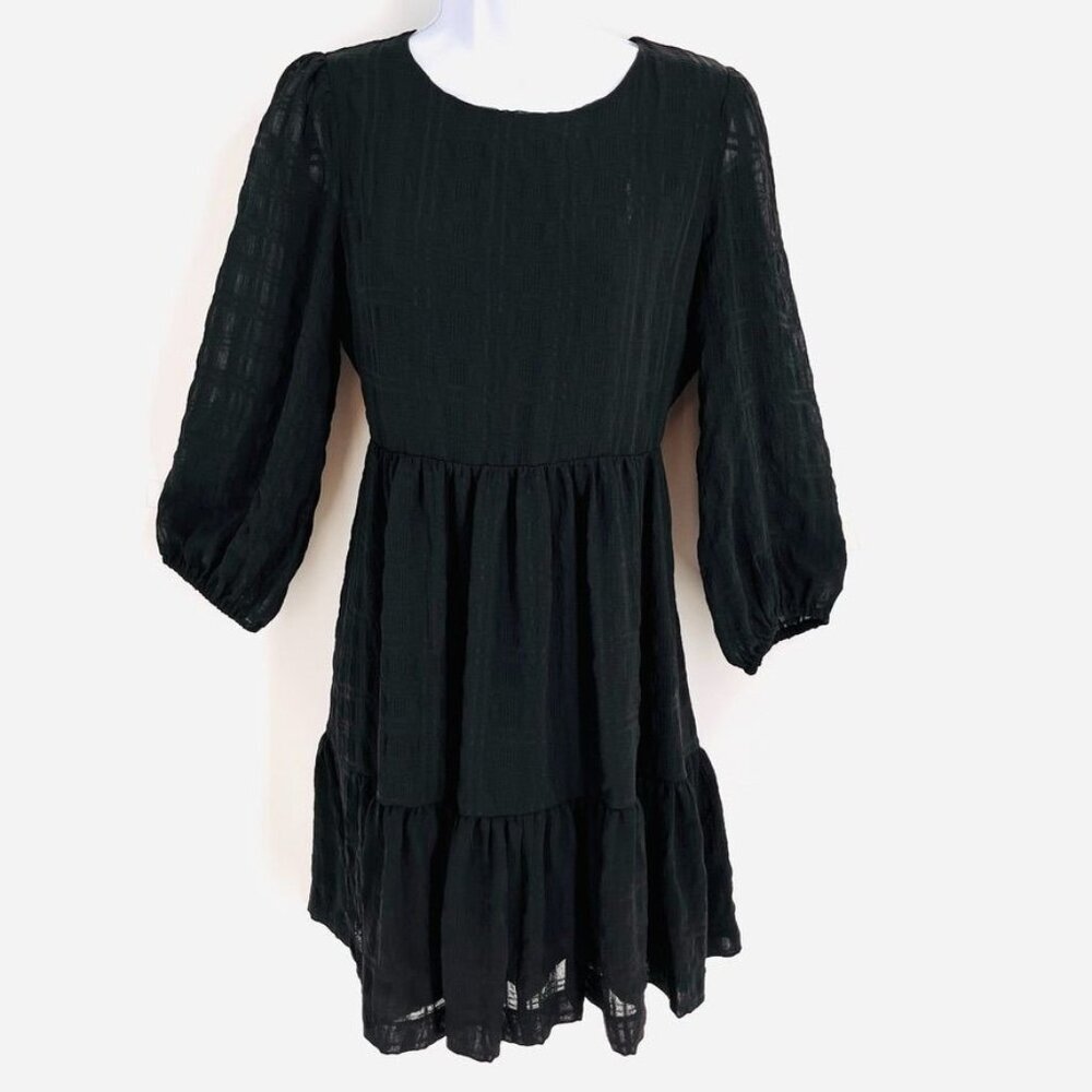 Madewell Puff-Sleeve Ruffle-Hem Mini Dress Size 00 Black Lined Woven Plaid
